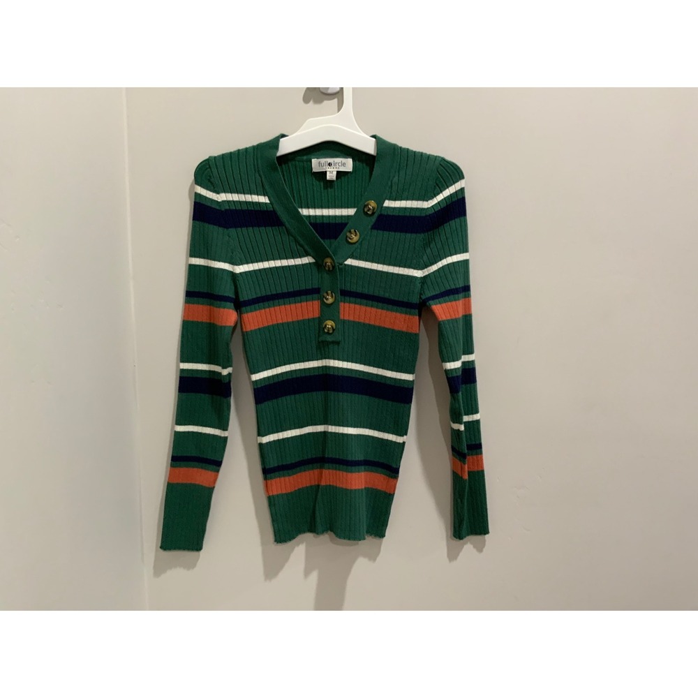 Full Circle Ribbed Striped‎ Henley Sweater Green Orange Navy White Size M